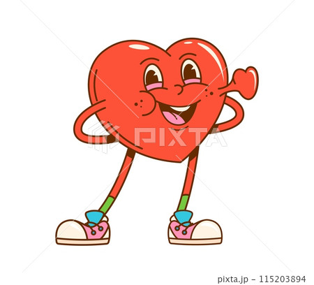 Cartoon groovy valentine love heart character with beating heart. Cute vector personage of Valentines Day, funny love emoticon standing with happy smiling face. Hippy groovy emoji of romantic emotion 115203894