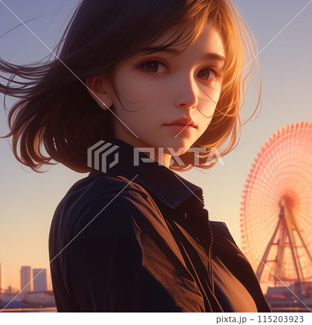 夕暮れの港で立っている女性のポートレート 115203923