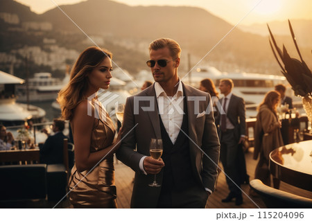 Elegant couple sipping champagne at luxurious yacht party during sunset 115204096