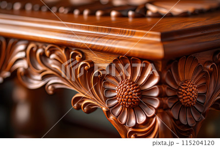 Luxurious handcrafted wooden table detailing furniture making 115204120