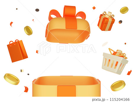 open orange gift box with presents confetti 3D image 115204166