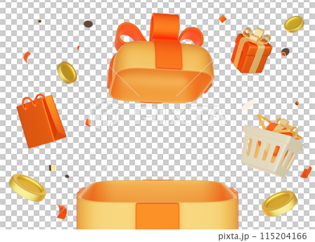 open orange gift box with presents confetti 3D image 115204166