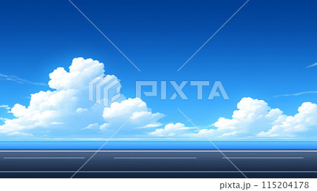 舗装道路から眺めた海と夏空