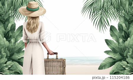 南国を旅行中の若い女性が浜辺にたどり着いた
