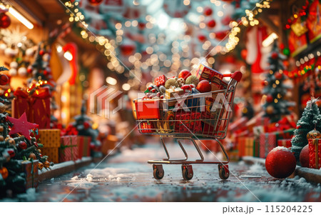 Shopping cart filled with christmas gifts at the market 115204225