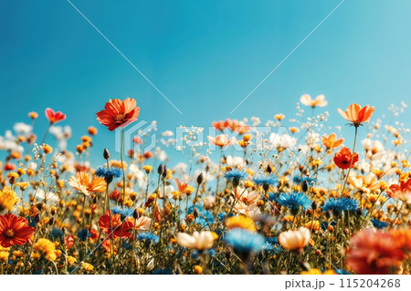 Colorful wildflowers bloom brightly against a clear blue sky 115204268