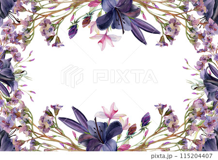 Hand drawn watercolor illustration botanical flowers leaves. Lily clivia amaryllis, bergenia heliotrope lungwort, pink lobelia jasmine, willow eucalyptus. Frame isolated white. Design wedding, cards 115204407