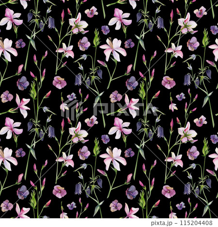 Hand drawn watercolor illustration shabby boho botanical leaves. Pink lobelia jasmine orange flower impatiens. Seamless pattern isolated on dark background. Design wedding, love cards, gift paper 115204408