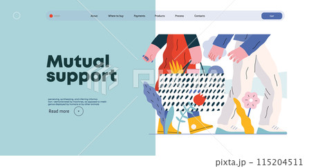 Mutual Support: Helping carry a heavy bag -modern flat vector concept illustration of a woman carrying shopping bag being assisted by man. Metaphor of voluntary, collaborative exchanges of services 115204511