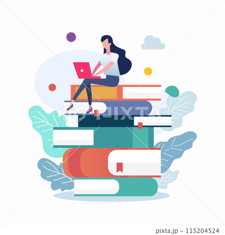 Woman in casual clothes working on laptop computer while sitting on books 115204524