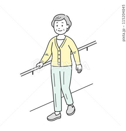 手すりを持ちながら笑顔で歩行訓練をする高齢女性のイラスト 115204845