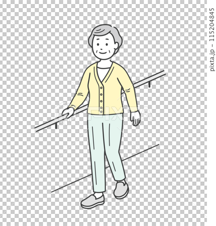 手すりを持ちながら笑顔で歩行訓練をする高齢女性のイラスト 115204845