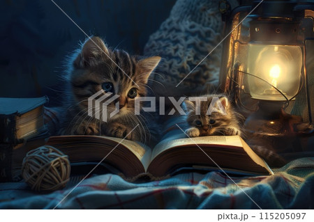 Kitty Reading A Book with Teddy Bear, Magic Childhood, Fairy Tale at Dream, Night Light Kitty Reading A Book with Teddy Bear, Magic Childhood, Fairy Tale at Dream, Night Light 115205097