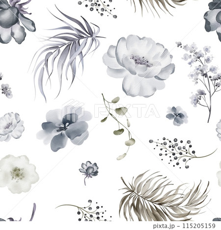 Watercolor winter pattern. Seamless botanical background. Floral design of flowers and leaves. Blue, gray and indigo. Christmas pattern of exotic plants. Textile design. 115205159