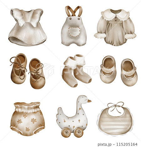 Baby clothes isolated on white background. Hand drawn watercolor illustration. Newborn baby things on a white background. Suitable for cards, invitations and announcements. 115205164