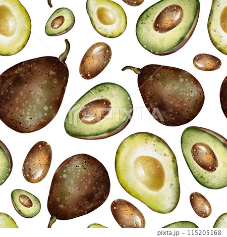 Watercolor seamless avocado pattern. Fresh fruit on a white background. Hand-drawn vegetable halves. Proper nutrition ornament. Vegetarian background for textile and packaging. 115205168