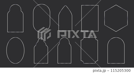 Thinline silver elegant frame. Minimal shine Art Deco metallic border. Minimal arch decoration window or door, collection isolated on dark background. 115205300
