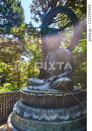 Buddha statue with palm raised and golden pagoda in background with sun beam of light 115205404