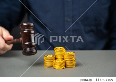 Judge's gavel and stack of coins. Litigation, dispute resolution, conflict of interest settlement. Awarding moral financial compensation. Justice, rule of law. Lawyer services. Protection of rights Judge's gavel and stack of coins. Litigation, dispute resolution, conflict of interest settlement. Awarding moral financial compensation. Justice, rule of law. Lawyer services. Protection of rights 115205409