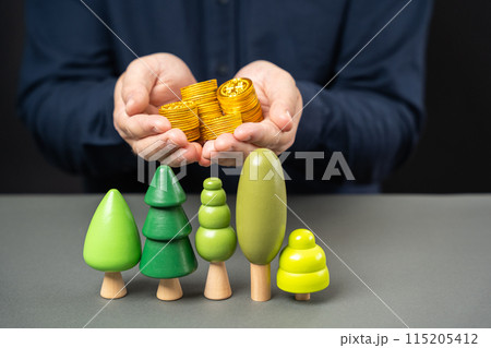 Businessman holding coins over trees. Green bonds. The concept of investment in the development of city parks and the planting of greenery and plants. Fresh air Caring for nature 115205412