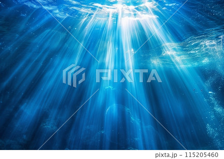 Underwater Sun Rays, Deep Water Sunlight, Under Sea Sunbeams Background, Blue Ocean Bottom 115205460