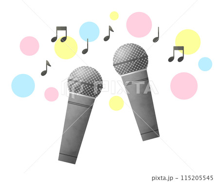 デュエットを楽しむマイクと音符とカラフルな丸のイラスト デュエットを楽しむマイクと音符とカラフルな丸のイラスト 115205545