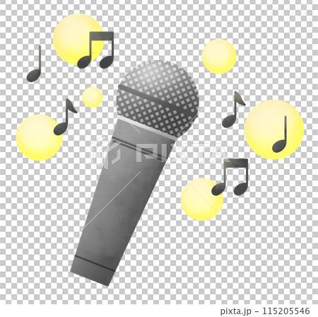 手持麥克風、快樂浮動的音符和黃色蓬鬆圓圈的插圖 115205546