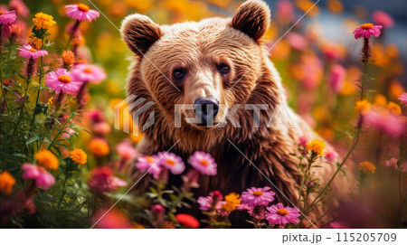 Cute, beautiful bear in a field with flowers in nature, in sunny pink rays. Environmental protection, nature pollution problem, wild animals. 115205709