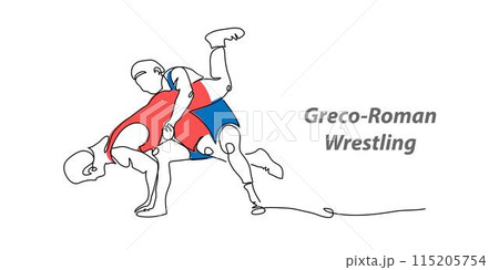 Greco roman wrestling vector background, banner, poster. One continuous line art drawing illustration of wrestling sport Greco roman wrestling vector background, banner, poster. One continuous line art drawing illustration of wrestling sport 115205754