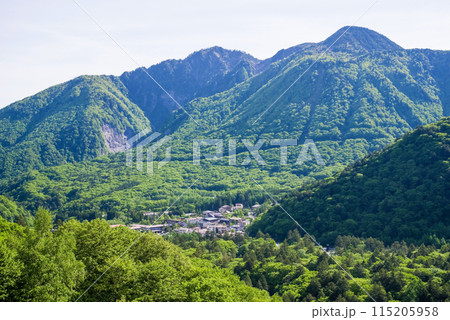 【新緑の平湯温泉】R158平湯トンネル東出口付近の平湯峠・笠見橋からの眺望 115205958