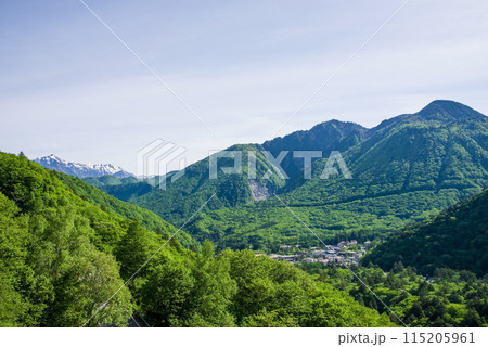 【新緑の平湯温泉】R158平湯トンネル東出口付近の平湯峠・笠見橋からの眺望 115205961