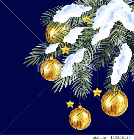 watercolor Christmas tree in the snow with golden Christmas baubles, balls, stars, hand drawn sketch of green fir branches with Christmas tree toys, on blue background, winter illustration 115206150