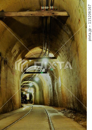 トロッコ列車の軌道と洞窟（佐渡金山） 115206167