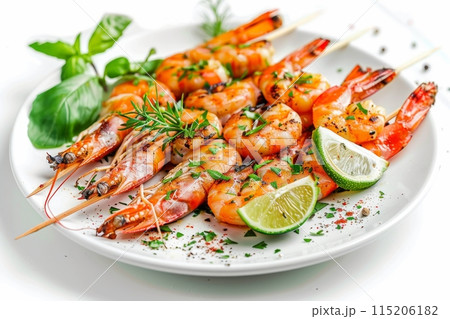 Skewered Tiger Prawns, Grilled King Shrimps, Prawns Fried with Garlic, Herbs, Spices, Lime and Greens 115206182