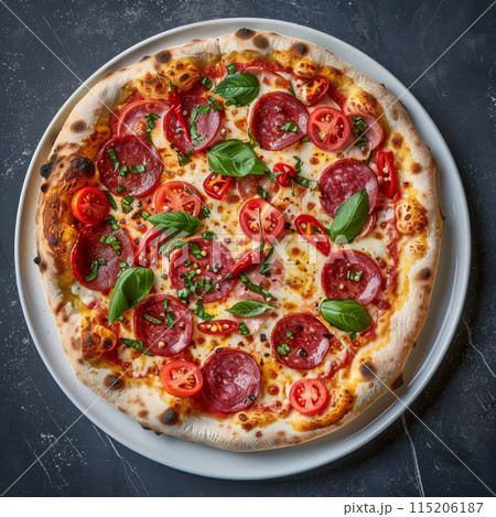 Pepperoni Pizza, Traditional Italian Diabolo Pizza Flatbread with Salami, Chili Pepper, Mozzarella 115206187