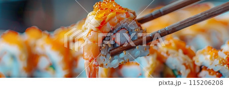 Eating Sushi Rolls with Chopsticks in Hands, Taking Sushi Roll, Eating Susi in Japanese Restaurant 115206208