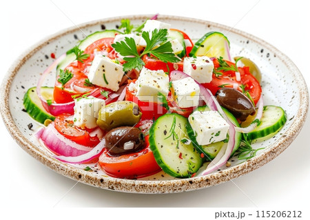 Greek salad in light plate isolated, villages salad, horiatiki salat made with tomatoes, diced feta 115206212