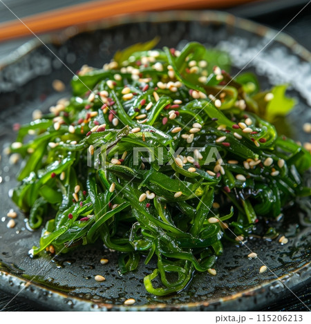 Hiyashi Wakame Chuka Kelp Salad, Green Seaweed Salat with Sesame and Nut Sauce 115206213