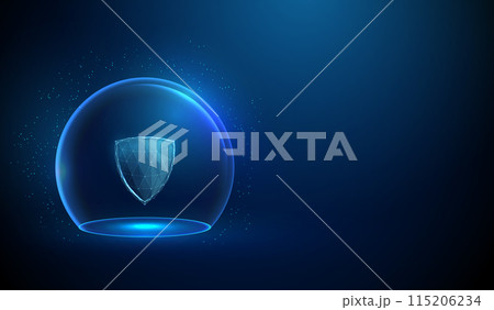 Abstract blue futuristic guard shield inside glass dome. Protection, cyber security and insurance concept Low poly style Geometric background Wireframe light connection structure Modern graphic Vector 115206234