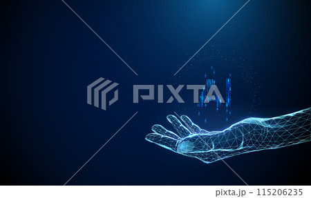 Abstract giving hand with AI word. Artificial intelligence and machine learning concept. Low poly style. Geometric background. Wireframe light connection structure. Modern 3d graphic concept. Vector 115206235
