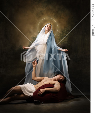 Haloed woman standing above reclining teenage boy, who drunk with empty bottle of wine by his side. Care and complexities of motherly love in face of human frailty. 115206753