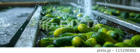 Washing Many Cucumbers, Cucumbers Automated Washing Line, Vegetable Sorting on Conveyor Washing Many Cucumbers, Cucumbers Automated Washing Line, Vegetable Sorting on Conveyor 115206982