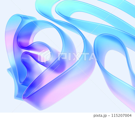 Abstract glass translucent ribbon folds on blue background 3d render. Holographic tape wave line of plastic or acrylic with rainbow color gradient texture, curve hologram shape design. 3D illustration Abstract glass translucent ribbon folds on blue background 3d render. Holographic tape wave line of plastic or acrylic with rainbow color gradient texture, curve hologram shape design. 3D illustration 115207004