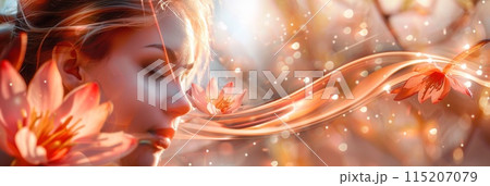 Beautiful Girl with Flowers, Flower Greeting Card, Beauty Woman and Nature, Romantic Banner Beautiful Girl with Flowers, Flower Greeting Card, Beauty Woman and Nature, Romantic Banner 115207079