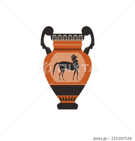 Ancient Greece amphora with patterns, horse image flat vector, antique pottery clay jug or vase with decorative handles Ancient Greece amphora with patterns, horse image flat vector, antique pottery clay jug or vase with decorative handles 115207526