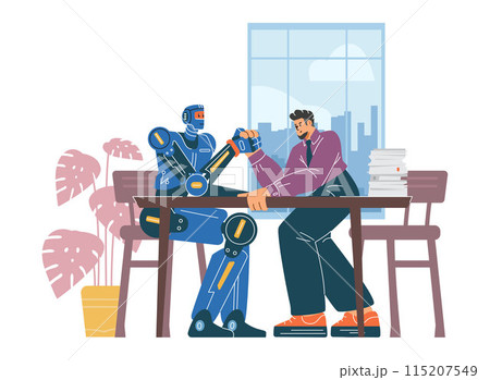 Businessman competing with robot in arm wrestling, confrontation with machine, vector artificial intelligence vs human Businessman competing with robot in arm wrestling, confrontation with machine, vector artificial intelligence vs human 115207549