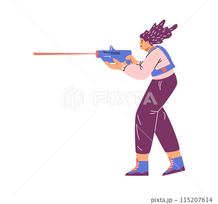 A female player with a laser pistol participates in an exciting game - laser tag. 115207614