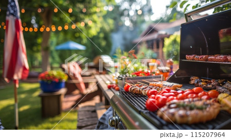 Barbecue party with grilled food in backyard with American flags. 4th of July, USA Independence Day 115207964