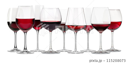 Set of red wine glasses isolated on white background. Rose wine splashing in glassware. 115208073