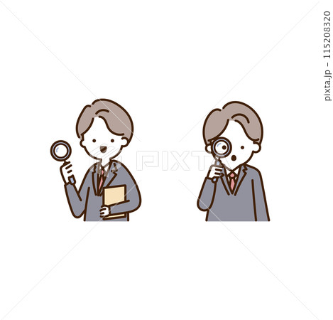 虫眼鏡を使ってよく確認するスーツ姿のビジネスマン 虫眼鏡を使ってよく確認するスーツ姿のビジネスマン 115208320